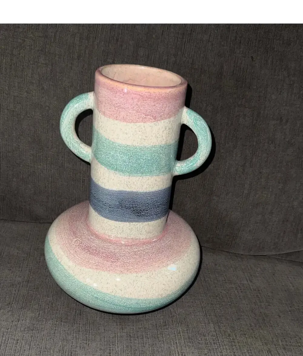Vintage Pastel Speckled Ceramic Two-Handled Striped Vase